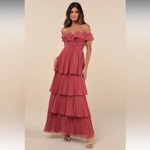 Notorious Charm Rusty Rose Pleated Flutter Sleeve Maxi Dress NWT